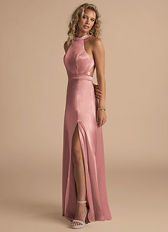 Azazie Clarice Vestidos de madrinha de casamento Vestir Rosa Empoeirada de Cetim Metálico de Linha A com Pescoço alto image3