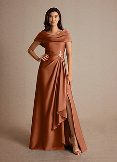 Azazie Branford At-home Try On Dresses Copper A-Line Pleated Stretch Satin Dress image5