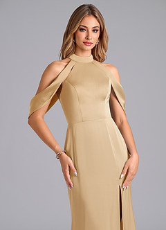 Azazie Bonny Bridesmaid Dresses Gold Mermaid Off the Shoulder Stretch Satin Dress image5