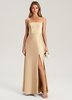 Azazie Lidia Bridesmaid Dresses Champagne Mermaid Side Slit Stretch Satin Dress image4
