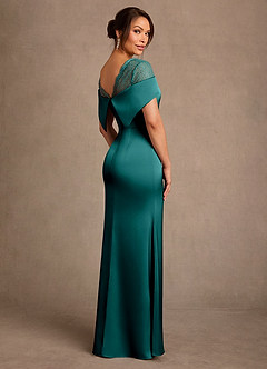 Azazie Henrieta Final Sale Peacock Sheath Lace Stretch Satin Dress image2