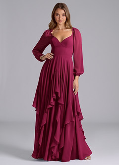Azazie Karan Abiti da Damigella Abito A-Line in Chiffon Maniche Lunghe Borgogna image3