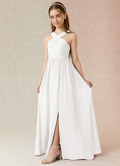 Azazie Jiya Junior A라인 주름진 쉬폰 플로어 길이 주니어 신부 들러리 드레스 image1