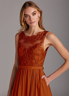 Azazie Elly Bridesmaid Dresses Paprika A-Line Lace Scoop Neck Chiffon Dress image6