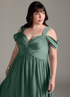 Azazie Lianne Bridesmaid Dresses Eucalyptus A-Line Off the Shoulder Stretch Satin Dress image14