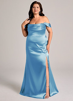 Azazie Saige Bridesmaid Dresses Steel Blue Sheath Off the Shoulder Metallic Satin Convertible Dress image11
