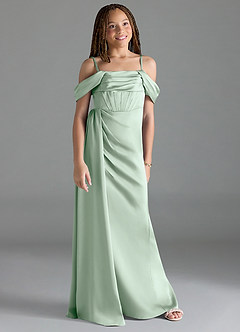 Azazie Amyra Junior Agave Sheath Off the Shoulder Stretch Satin Dress image3