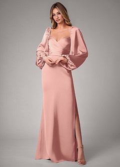 Azazie Sonata Bridesmaid Dresses Rosette Sheath Long Sleeve Stretch Satin Convertible Dress image1