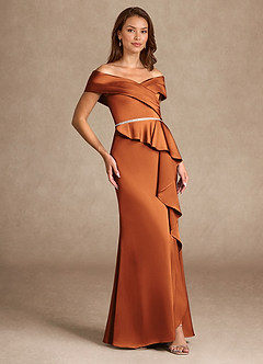 Azazie Dareia Mère de la mariée Robes Robe Sirène en Satin extensible Épaule décolletée Cannelle image4