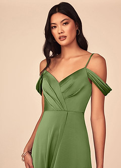 Azazie Ocean Brudtärnklänningar Klänning av A-Line i Stretch Satin V-ringad plisserad Enbärsgrön image2
