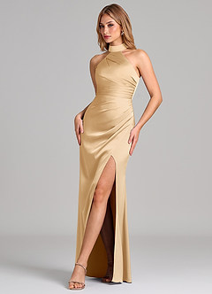 Azazie Karlotta Bridesmaid Dresses Gold Sheath Pleated Stretch Satin Dress image4