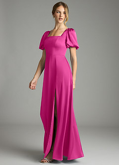 Azazie Fyona Bridesmaid Dresses Fuchsia A-Line Pleated Stretch Satin Dress image4