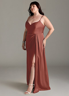 Azazie Brielle Bridesmaid Dresses Auburn A-Line Cowl Spaghetti Straps Stretch Satin Dress image10