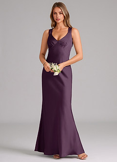 Azazie Kamila Bridesmaid Dresses Plum A-Line Pleated Stretch Satin Dress image4