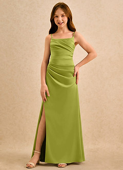 Azazie Cannoli Girls Formal Robe Demoiselle D'honneur Fillette Robe Trapèze en Satin extensible Plissée Citronnelle image3