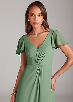 Azazie Soren Vestidos de damas de honor Vestido de Matcha de Gasa de Corte en A con Volante image6