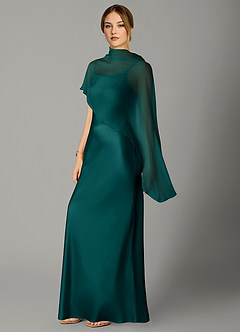 Azazie Jaleesa Abiti da Damigella Abito A-Line in Raso Elasticizzato Collo Alto Verde Pavone image4