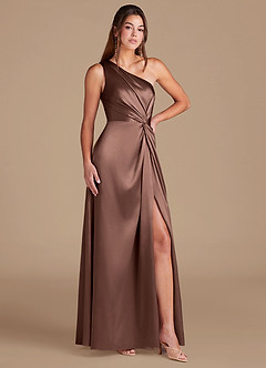 Azazie Brooke Bridesmaid Dresses Espresso A-Line One Shoulder Metallic Satin Dress image3