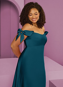 Barbie ♥ Azazie Bridesmaid Dresses Ink Blue Sheath Off the Shoulder Stretch Satin Convertible Dress image12