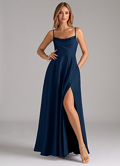 Azazie Elle Bridesmaid Dresses Dark Navy A-Line Pleated Stretch Satin Dress image3