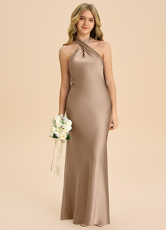 Azazie Chickie Junior Vestido de Gris Pardo de Satén Elástico de Corte Recto con Plisado image3