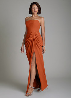 Azazie Nyra Vestidos de damas de honor Vestido Naranja Quemada de Gasa de Corte Recto con Corsé image6