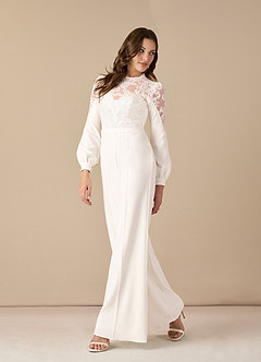 Azazie Cici Wedding Dresses Diamond White Pant Styles High Neck Sequins Stretch Crepe Dress image2