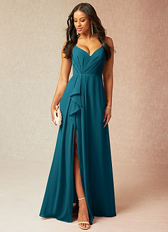 Azazie Kyedae Brautjungfernkleider A-Linie V-Hals Gefaltet Chiffon Kleid Tintenblau image1