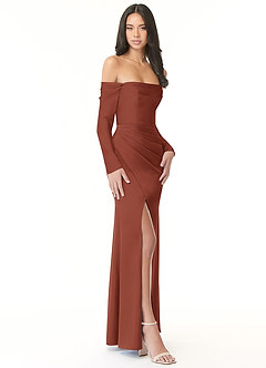 Azazie Hallie Bridesmaid Dresses Auburn Sheath Off-The-Shoulder Long Sleeve Stretch Satin Convertible Dress image5