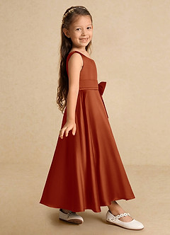 Azazie Lindy Flower Girl Dresses Paprika A-Line Pleated Matte Satin Dress image5
