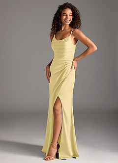 Azazie Deandra Robes de demoiselle d'honneur Robe Sirène en Satin extensible Plissée Sorbet Citron image1