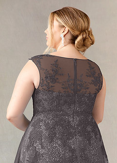 Azazie Flynn Mother of the Bride Dresses Steel Grey A-Line Boatneck Lace Tulle Dress image11