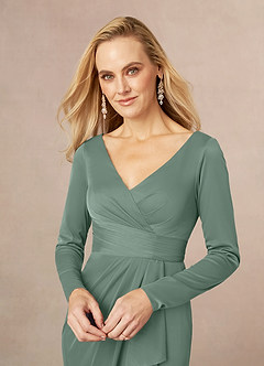Azazie Risa Mother of the Bride Dresses Eucalyptus Mermaid V-Neck Pleated Mesh Dress image4
