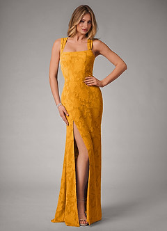 Azazie Luci Brautjungfernkleider Wandelbar Meerjungfrau-Linie Plissee Blumen-Burnout Kleid Butterscotch image1