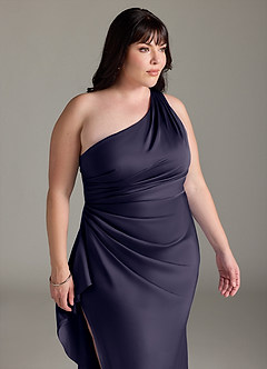 Azazie Latrice Bridesmaid Dresses Stormy Sheath One Shoulder Cascading Ruffles Stretch Satin Dress image11
