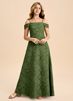 Azazie Anselie Junior A-Linie Schulterfrei Blumen-Burnout Kleid Olivgrün image4