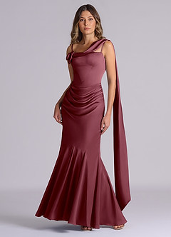 Azazie Inara Vestidos de madrinha de casamento Vestido Rosa Do Deserto de Cetim elástico de sereia com Plissado image4