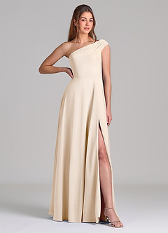 Azazie Melanie 신부 들러리 드레스 A라인 오프 더 숄더 쉬폰 바닥 길이 드레스 image4