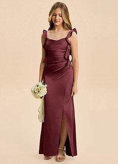 Azazie Jessamine Junior Merlot Sheath Ruched Stretch Satin Dress image6