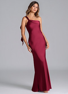 Azazie Driea Bridesmaid Dresses Burgundy Mermaid One Shoulder Stretch Satin Dress image1