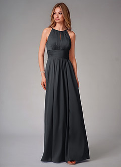 Azazie Bonnie Vestidos de damas de honor Vestido de Negro de Satén Elástico de Corte en A con Plisado image6