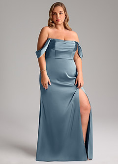 Azazie Saige Bridesmaid Dresses Dusty Blue Sheath Off the Shoulder Stretch Satin Dress image13