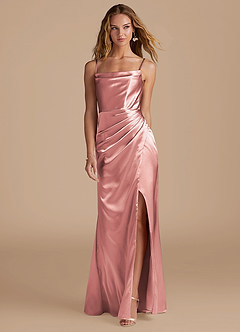 Azazie Marzia At-home Try On Dresses Auburn Mermaid Pleated Metallic Satin Dress image4