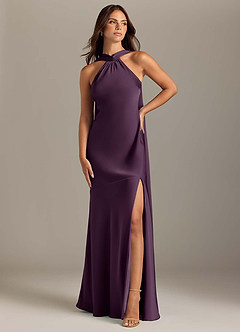 Azazie Kinsley Bridesmaid Dresses Plum Mermaid Side Slit Stretch Satin Dress image1