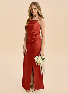 Azazie Nova Junior Rust A-Line Pleated Stretch Satin Dress image4