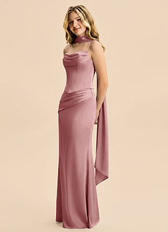 Azazie Sorrel Junior Dusty Rose Mermaid Ruched Stretch Satin Dress image4