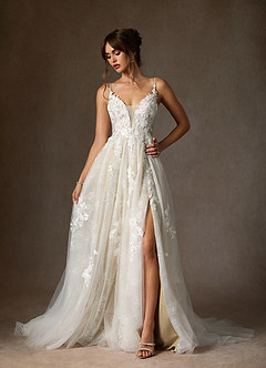Azazie Monda Abiti da Sposa Abito A-Line in Tulle Pizzo Bianco Diamante Champagne image1