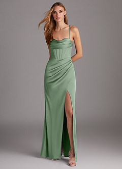 Azazie Brookelle Robes de demoiselle d'honneur Robe Fourreau en Satin extensible Corset en cœur Matcha image2