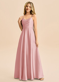 Azazie Rumi Junior Powder Pink A-Line Pleated Stretch Satin Dress image3