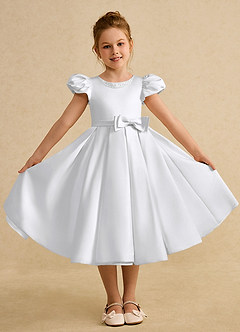 Azazie Pearl Jurken voor bloemenmeisjes Baljurk Jurk van Mat Satijn Geplooid Wit image4